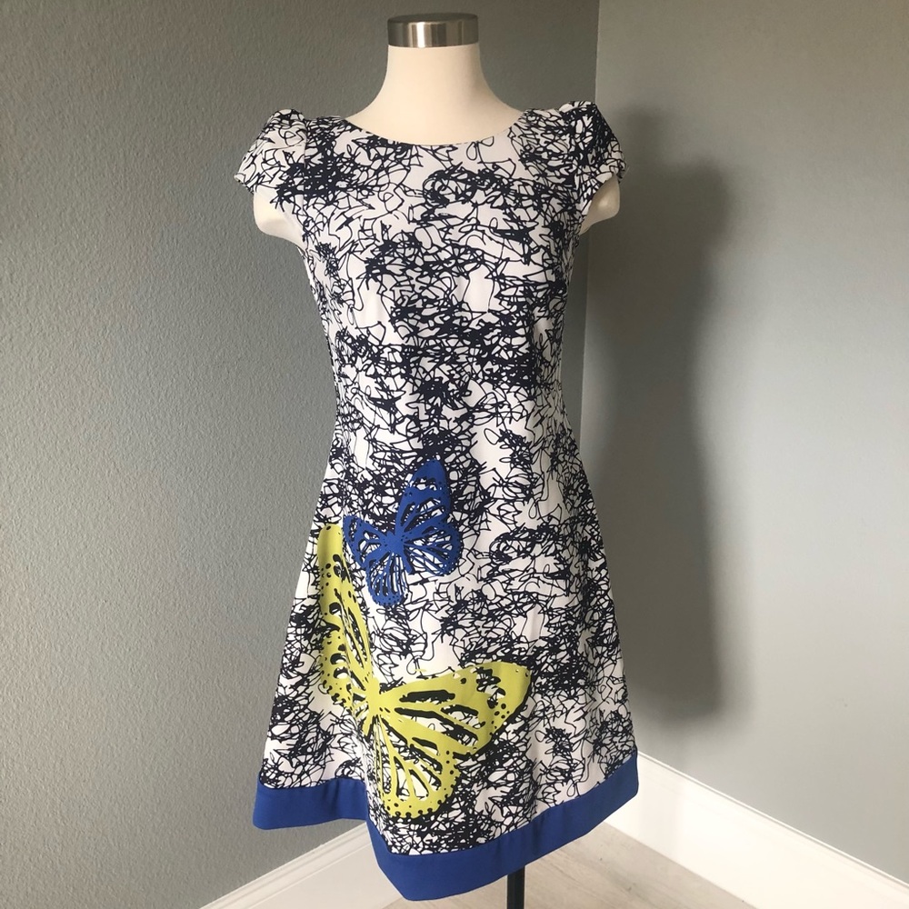 New European Vivat Cap Sleeve Butterfly Print Scuba Dress